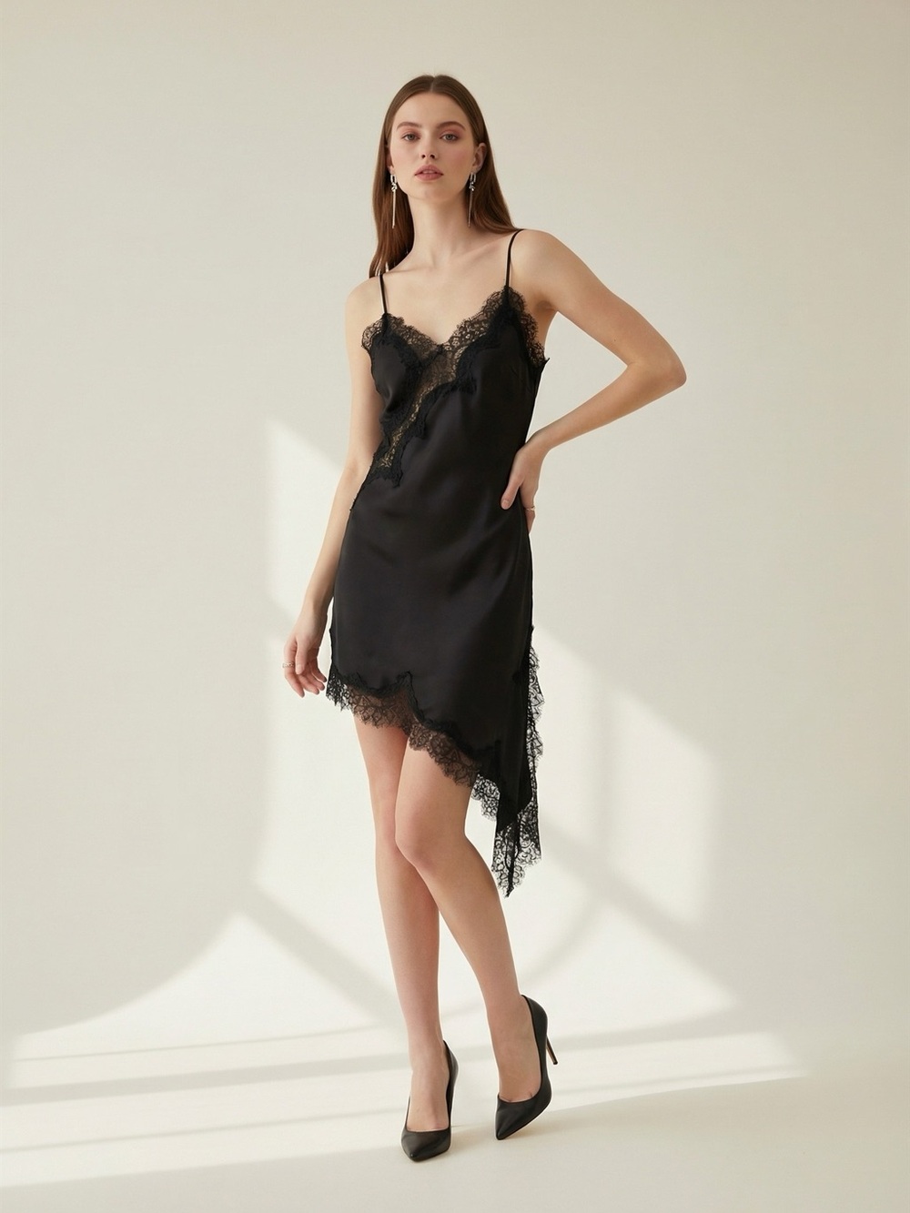 In A New York Minute Asymmetrical Lace Trim Mini Dress - Picture 4 of 14